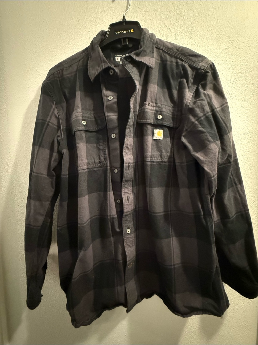 Carhartt Men’s Black and Gray Plaid Button-Down Work Shirt